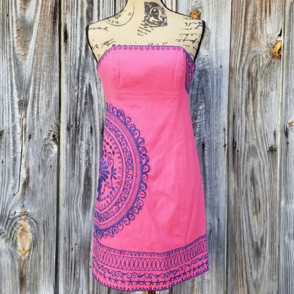 Pink Strapless Dress Starfish Embroidered Stretch Lilly Pulitzer Bowen Size 0 - Picture 1 of 10